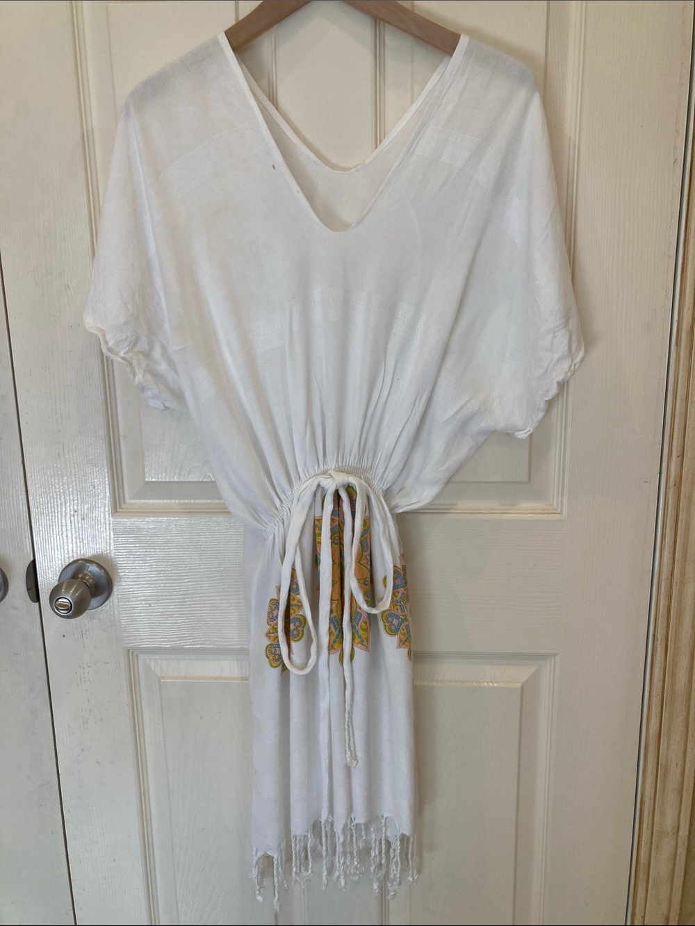 White Tie-Waist V-Neck Kaftan with Yellow Accent